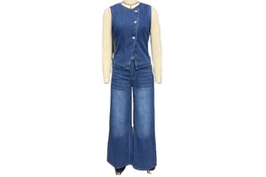 S-2XL Spring and summer new women's denim suit Sleeveless single breasted vest fashionable wide leg jeans set