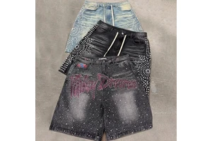 Manufacturer Custom Designer Summer Acid Wash Vintage Cristal Diamond Rhinestone Jorts Baggy Jeans Short Pant Men's Denim Short