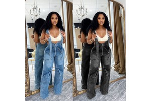 Women's High Waist Wide Leg Denim Overalls Cargo Pocket Jumpsuit Zip Front Adjustable Strap Jean Dungarees