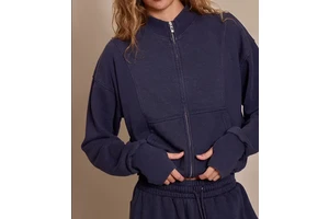 Women Vintage Washed Full Zip Cropped Sweatshirt Drop Shoulder O-Neck 100% Cotton Casual Jacket