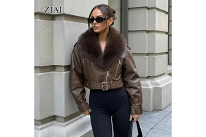 Women's High Quality Brown Textured Leather Jacket, Loose Fit Short PU Leather Moto Jacket With Belt