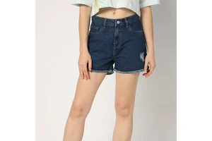 Women's High Waist Denim Shorts Five-pocket Distressed Wash Button Fly Casual Style Solid Color Breathable Cotton Fabric