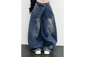 American Style Asymmetrical Waist Chic Design Jeans For Women Y2K Vintage Distressed Lazy Style Curved Leg Long Streetwear Pants