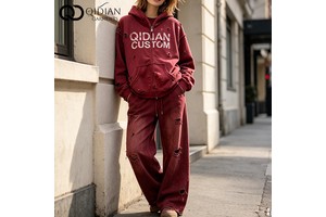 Custom Women Double Zipper Hoodie Set Streetwear Vintage Paint Splatter Acid Washed Loose Sweatsuit Wide Leg Denim Pants Set OEM