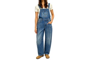 Channel Women's Barrel Leg Denim Overalls Casual Straight Wide Leg Bib Jeans Overall Adjustable Straps Denim Jumpsuits