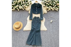 Pure Spice Retro Denim Suit Women's Spring Denim Top + High-waisted Skirt
