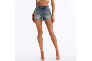 Women High Waist Denim Shorts Raw Hem Stretch Jean Hot Pants Vintage Washed Sexy Mini Trousers Casual Summer Beach Apparel
