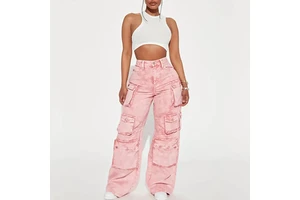 Women Street Wear Pockets Wide Leg Cargo Pants High Waist Versatile Straight Denim 2024 Custom Color Vintage Baggy Jeans