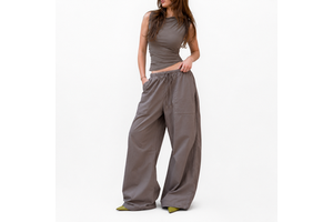 Custom Women's Wide Leg Pants 100% Cotton Taupe Baggy Pants Drawstring Cargo Pocket Wholesale Urban Casual Wear