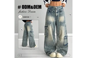 Hangyue Women's Baggy Hip-hop Distressed Denim Pants Boyfriend Cargo Jeans with Double Waist High Street Loose Fit for Winter