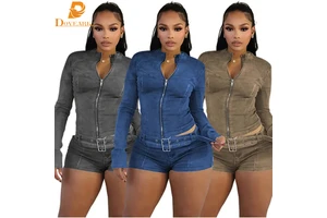 Retro Fashion Sexy Stretchy Denim Jeans Two Piece Sets for Women Slim Long Sleeve Jackets Zip Crop Top with Belt Shorts Outfits