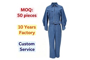 Custom Logo Women's High-Waist Western Overalls In Boyfriend Jeans Summer Washed Denim Casual High Zipper Decoration Jumpsuit