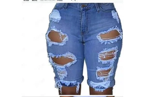 European American Plus Size Women's Hot Selling Summer Sweet Sexy Straight Distressed Jeans Street Style Denim Waist Logo