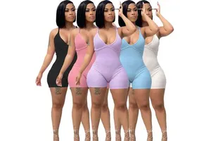 OEM/ODM Custom Women's Ribbed Fleece Bodycon Jumpsuit Sleeveless Sexy Slim Fit Short Vintage 100% Cotton Low Waist Summer Party