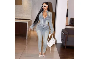 Peeqi MZ88595 New Autumn Women Two Piece Pants Set Denim Suit Long Sleeve Zipper Jacket Fashion Jeans Suit Women Denim Outfit
