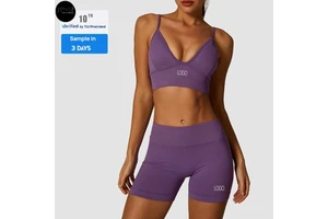 Women's Solid Seamless Ribbed Yoga Set-Deep V Sports Bra High Waist Elastic Waist Sculpting Shorts Spandex/Nylon Front Gym