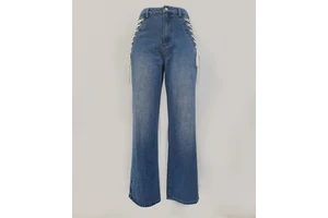 High Quality Custom Women' s Jeans Casual Women's Wide Leg Mid Waist Jeans Side Straps Design Washed Jeans Women Pants