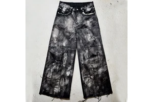 EDGE DENIM Custom Distressed Wax Black Baggy Straight Leg Men's Jeans High Embroidery Hole Light Medium Flare Pants Hip Hop