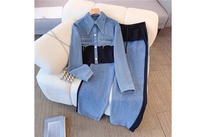 Women's Retro Regular Sweet Bow Collar Nonwoven 2-Piece Denim Set New Fashion Light Wash Long Sleeve for Autumn Cowboy Style