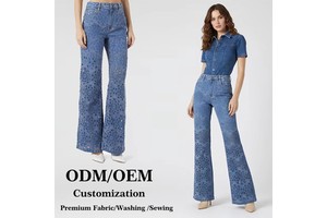 3D Embroidery Laser Cut Breathable Loose Floral Casual Washable Solid Jeans Women High Waist Distressed Wide Leg Flare Pants