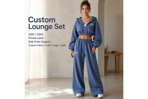 Private Label Two Piece Set Womens Denim Blue Cotton Fleece Cropped Hoodie Zip Up Wide Leg Drawstring Sweatpants Tracksuit