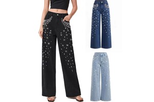Huangqiu High Quality Womens Pearl Jeans Beaded Loose Wide Leg High Rise Blue Tint Women's Casual Denim Jeans
