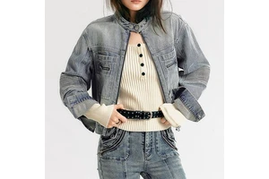 LARSUR Custom Factory Distress Wash Patchwork Denim Jacket Bomber Cropped Motorcycle Racing Jeans Jacket for Women