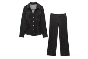 Women's Denim Set High-Waisted Jeans Suit with Lapel Long-Sleeved Denim Top Casual Canvas Ankle-Length for Daily Wear-Spring New