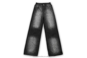 OEM Custom Manufacturer High Waist Baggy Acid Washed Denim Pants Straight Leg Distressed Jeans for Men