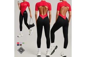 Custom One Piece Workout Yoga Jumpsuit Contrast Color Sports Rompers Breathable Zipper Front Gym Fitness Jumpsuits