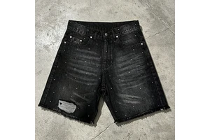OEM ODM Custom Embroidery Eco Wash Straight Denim Shorts Streetwear Y2K Crystal Diamonds Vintage Washed Rhinestone Jorts for Men