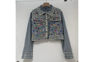 High Quality Heavy Beaded Rhinestone Color Crystal Diamond Decor Long Sleeve Women's Denim Jackets Winter Skinny Fit Vintage