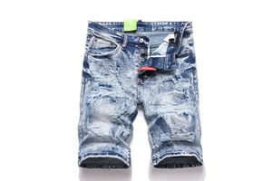 Men's Stonewashed Denim Shorts with Embroidery Hip Hop Utility Style High Street Pattern Breathable and Washable