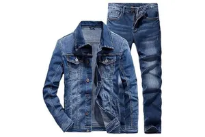 Fashion Hot Selling Men's Denim Suit Custom Fitness Two Piece Set Men's Bicycle Denim Jacket and Jeans Fabric Casual Knitted