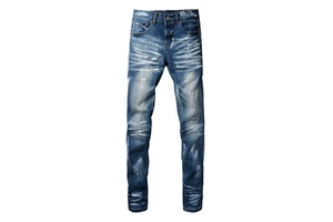 New Style Fashion Designer Skinny Motorcycle Denim Pants Stonewash Well-Worn Patch Washing Distressed Men's Jeans
