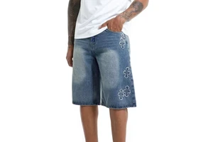 High Quality Vintage Style Men's Jorts Custom Baggy Denim Shorts with Rhinestones and Distress Summer Streetwear
