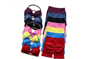Ruched Seamless Yoga Set Women Sportswear Gym Shorts Strappy Sports Bra 2 Piece Set Halter Workout Clothes Fitness Suit