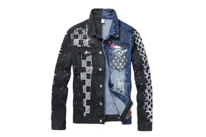 Elegant Distressed Vintage Men's Denim Jacket 100% Cotton 3D Print Design Embroidered Button Coat Streetwear