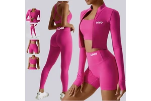 Women's Plus Size Long Sleeve 3 Piece Yoga Set Waterproof Athleisure Fitness Clothing Gym Sweat Suit Butt Lift Ropa Bra
