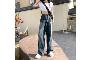 2025 Women's High Waist Casual Slim Jeans With Pocket Loose Wide Leg Long Jeans