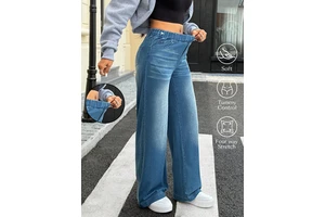 New Women's Plus Size Jeans Boyfriend Elastic Waist Pockets High Stretchy Wide Leg Denim Jeans Washed Casual Jeans