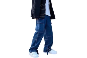 Wholesale Straight Loose Men Jeans Custom Baggy Jeans Men Denim Pants Fashion Causal Contrast Stitching Cargo Jeans
