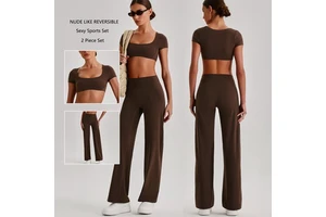 TK Hot Selling Yoga Set Short Sleeve Crop Top High Waist Straight Leg Pants Nude Feel Workout Set Gym Running Outdoor Sports