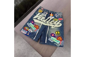 Men's Luxury Rhinestone Denim Shorts Y2K Baggy Jorts Patchwork Embroidered Jean Shorts Custom Logo High Street Hip Hop Shorts