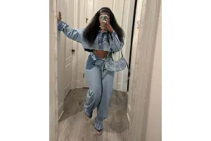 Think 2025 New Fall Women's Vintage Stretch Cotton Loose Denim Long Sleeve Crop Jacket & Cargo Jeans 2-Piece Set