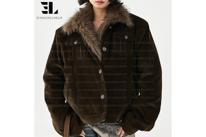 LARSUR Custom Factory Distressed Wash Corduroy Bomber Jacket With Removable Fur Collar Motorcycle Denim Jean Work Jacket Women