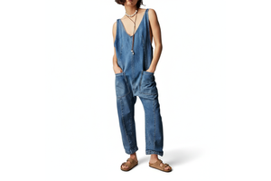 OEM Women's Summer Fashion Casual Denim Overall Jumpsuit Loose Fit Sleeveless V-Neck Adjustable Straps Solid Pattern Long Pants