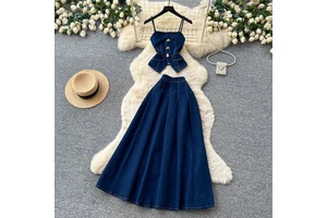 A New Two-piece Denim Suit for Women's Summer Sleeveless tank Top and High-waisted Skirt