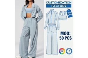Custom 3 Piece Yoga Set Women Stitched Crop Zip Up Jacket And Wide Leg Pants Workout Athletic Gym Sportswear Suits