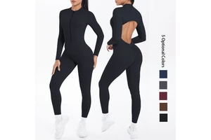 High Intensity Zip Jumpsuit with Beautiful Hollow Out Back Long Sleeve Yoga & Running Fitness Suit Sports Bodysuit